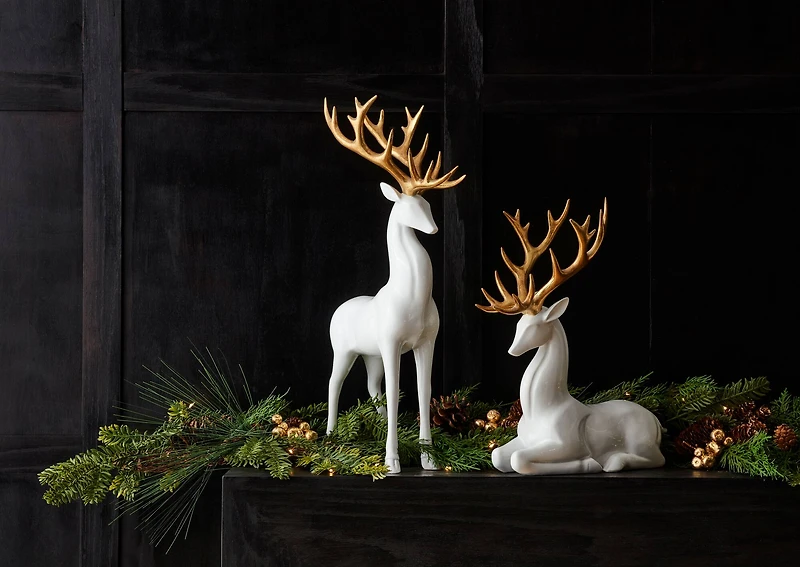 Gold and White Antler Modern Holiday Deer Decor, Set of 2