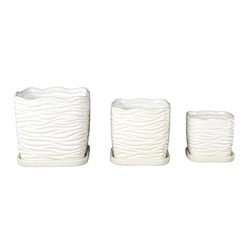 White Wavy Ribbed Ceramic Planter Set
