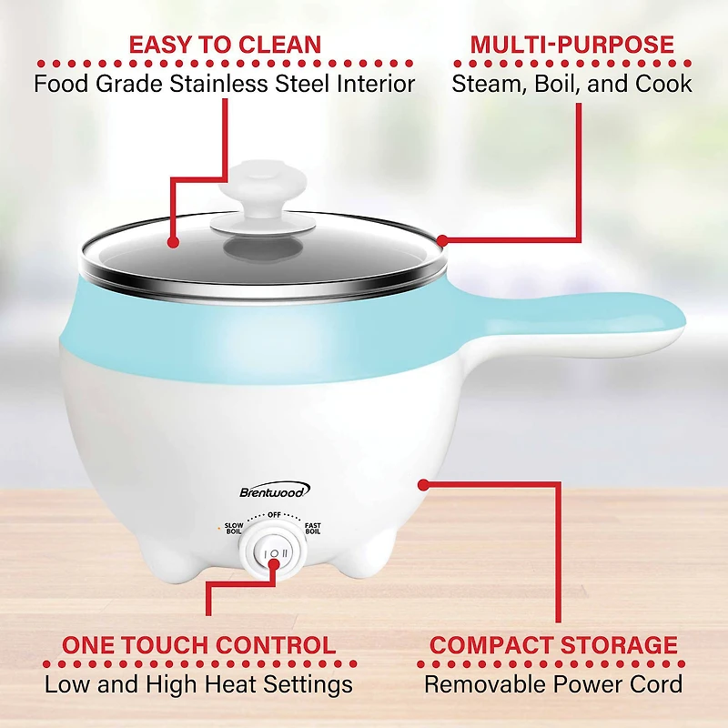 Brentwood 1.6qt. 600 Watt Stainless Steel Electric Hot Pot Cooker & Food Steamer With Swivel Base