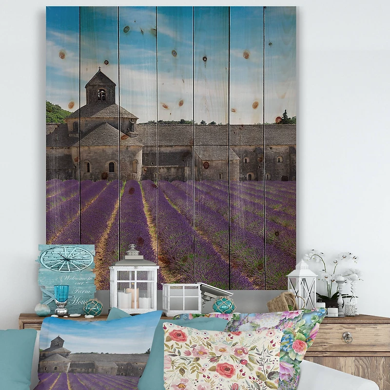 Designart - Lavender Field With Abbey In France - Farmhouse Print on Natural Pine Wood