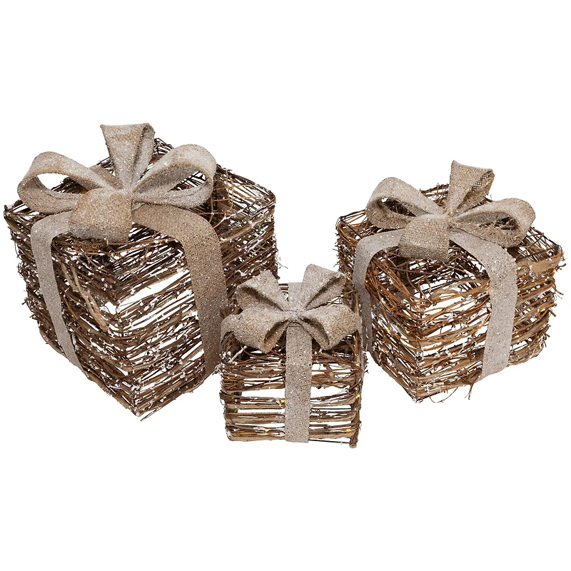 Lighted Rattan Gift Boxes with Burlap Bows Tabletop Christmas Decorations Set
