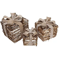 Lighted Rattan Gift Boxes with Burlap Bows Tabletop Christmas Decorations Set