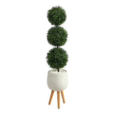 4.5ft. Boxwood Triple Ball Topiary Artificial Tree in White Planter with Stand (Indoor/Outdoor)