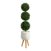4.5ft. Boxwood Triple Ball Topiary Artificial Tree in White Planter with Stand (Indoor/Outdoor)