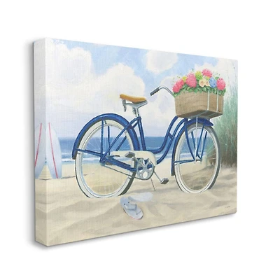 Stupell Industries Bike with Flower Basket Beach Blue Nautical Painting Canvas Wall Art