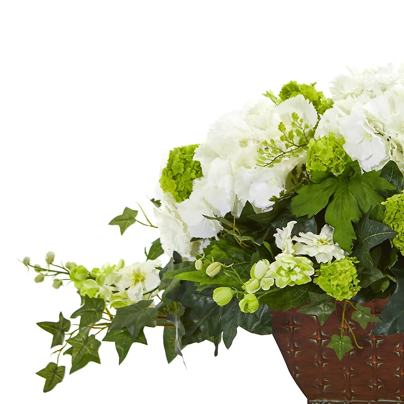 15.5" White Hydrangea & Ivy Arrangement in Metal Planter