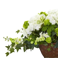 15.5" White Hydrangea & Ivy Arrangement in Metal Planter
