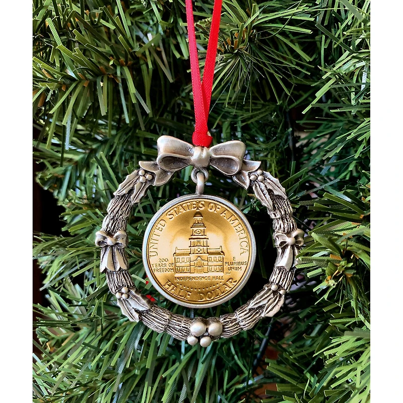 Gold Plated Bicentennial JFK Half Dollar Wreath Ornament 