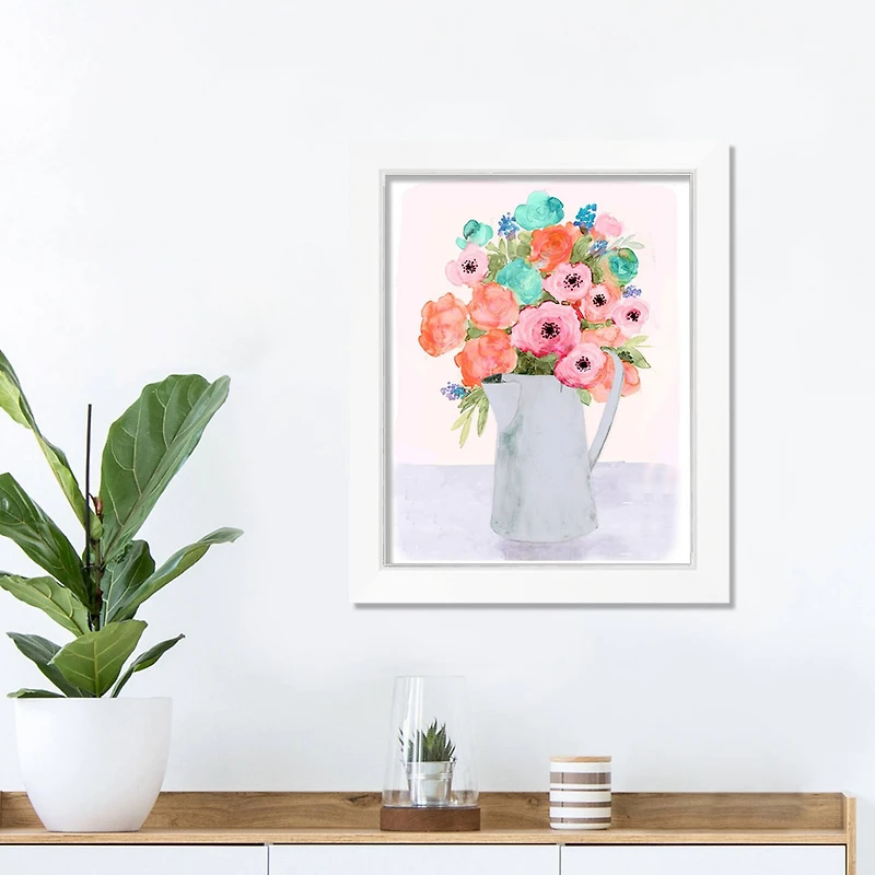 Florals in Pitcher 11" x 14" White Framed Print Under Plexiglass