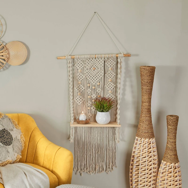 White Cotton Handmade Macrame 1 Shelf Wall Shelf 25" x 6" x 55"