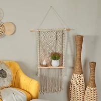 White Cotton Handmade Macrame 1 Shelf Wall Shelf 25" x 6" x 55"