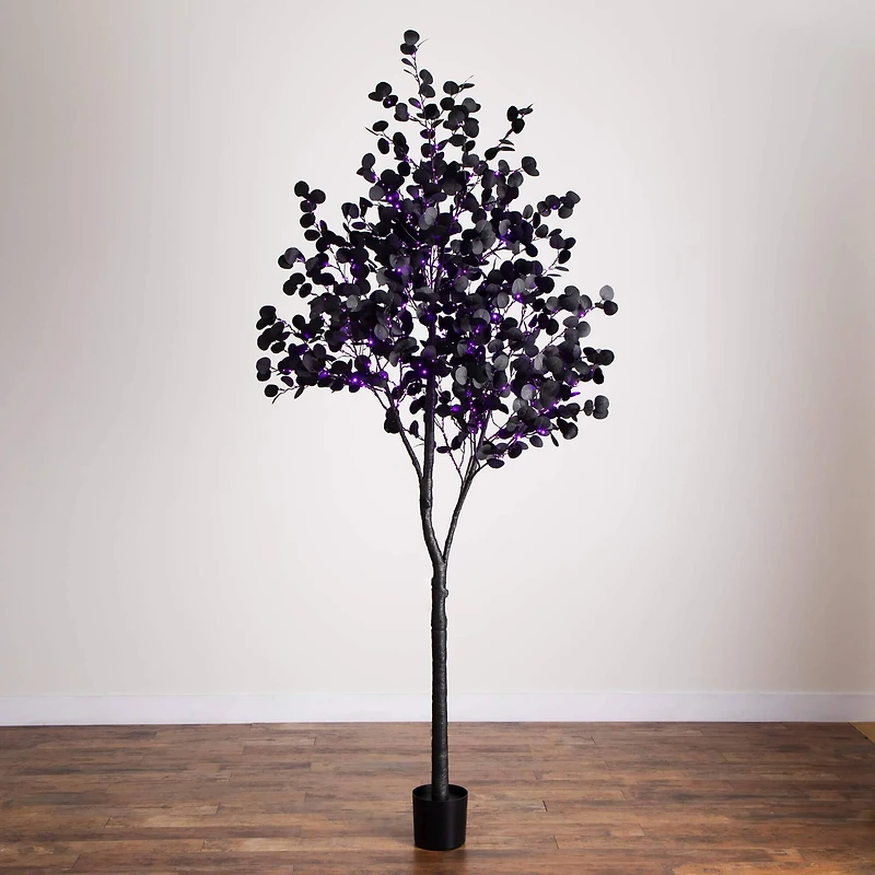 9ft. Pre-Lit Artificial Halloween Black Eucalyptus Tree with 700 Orange & Purple LED Lights