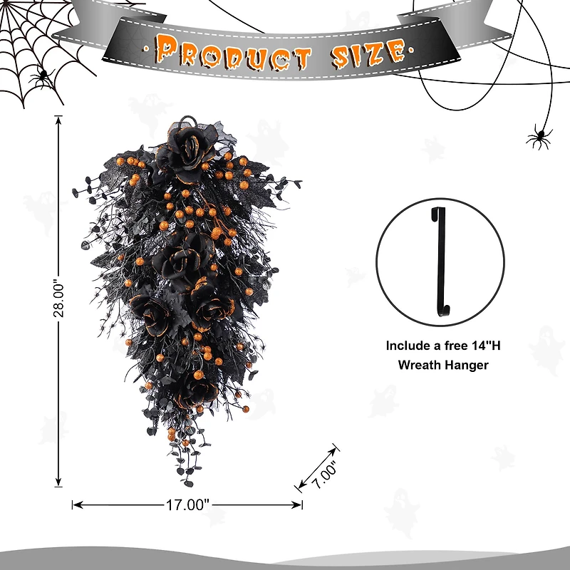 Glitzhome® 28"H Halloween Black Rose and Berry Swag with Hanger