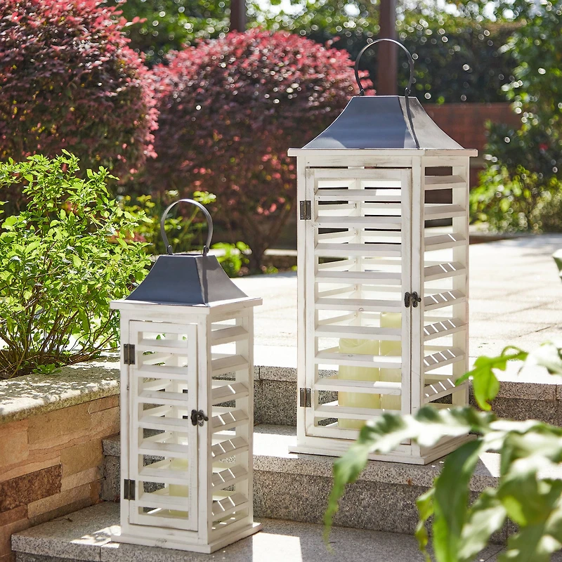 Modern Farmhouse White Wooden Shutter Lantern Set, 25.5" & 19"