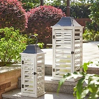 Modern Farmhouse White Wooden Shutter Lantern Set, 25.5" & 19"