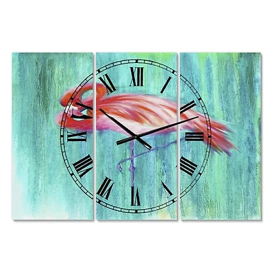 Designart Pink Flamingo In Blue Large Cottage 3 panel Wall Clock