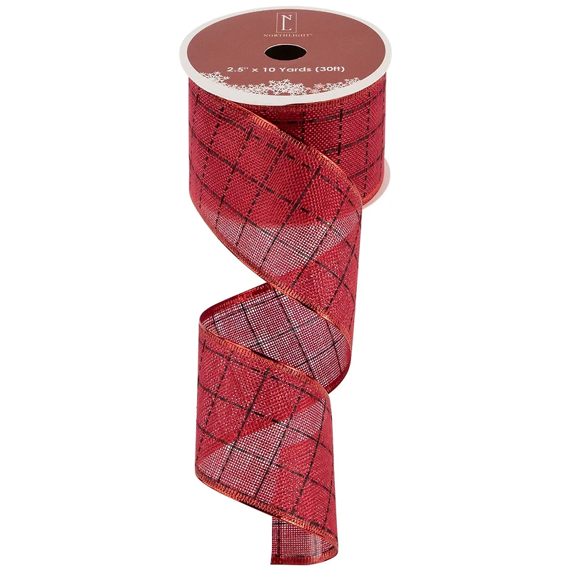 Red Woven Square Plaid Wired Craft Christmas Ribbon 2.5" x 10 Yards