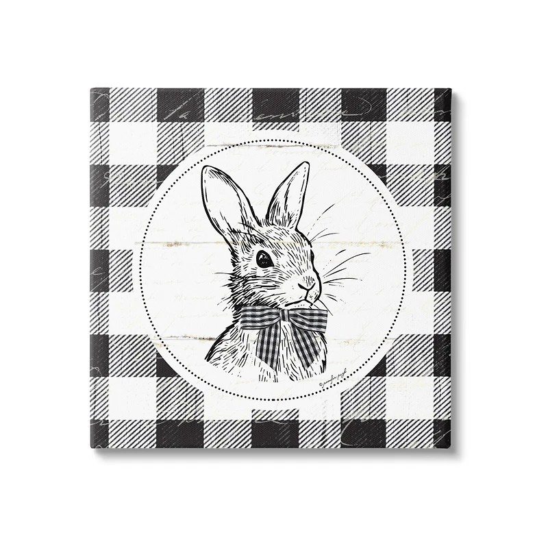 Stupell Industries Detailed Easter Bunny Drawing Spring Plaid Border Canvas Wall Art
