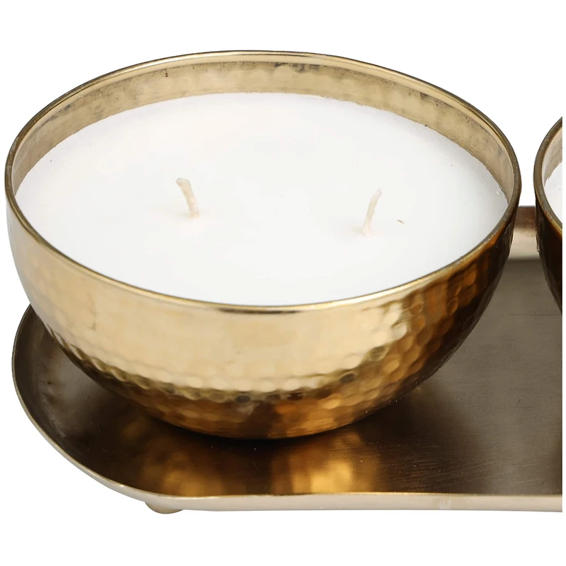 White Wax Egyptian Mint Scented Candle Set with Gold Hammered Containers and Oval Holding Tray