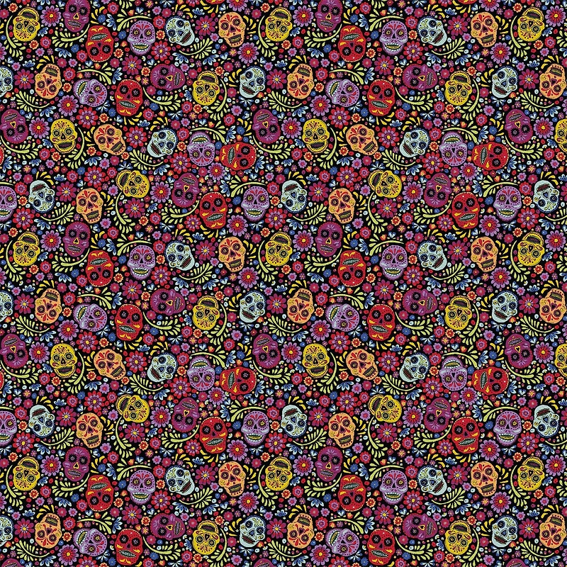 Camelot Fabrics Black Sugar Skulls Cotton Precut Fabric