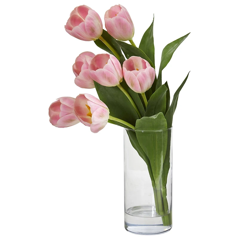 16" Pink Tulip Arrangement In Cylinder Vase