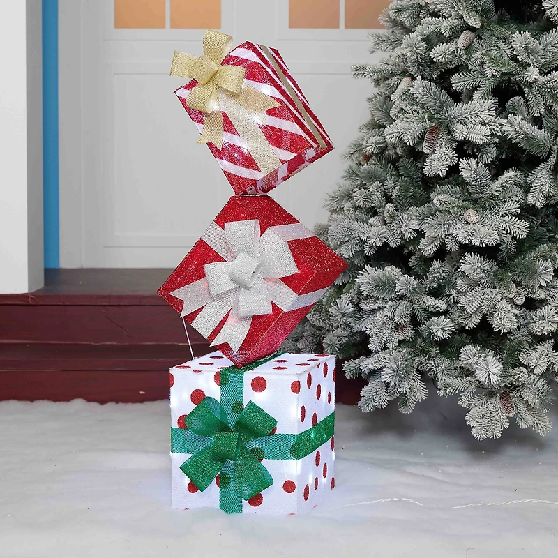 3.5ft. Stacked Gifts Tinsel Fabric Stacked Gift Box
