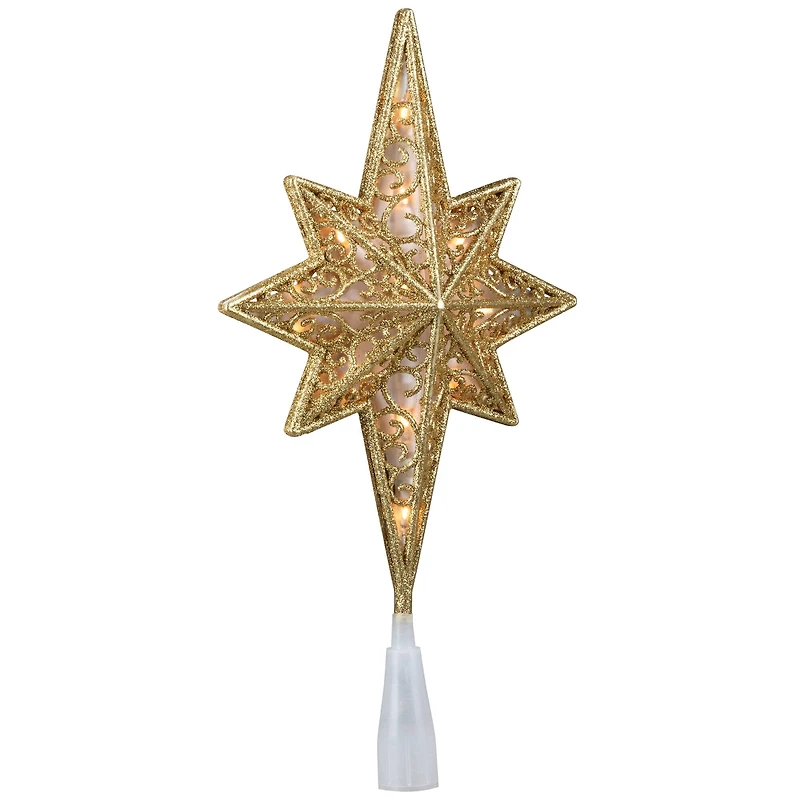 Lighted Frosted Clear and Gold Scroll Star of Bethlehem Christmas Tree Topper - 11" - Clear Lights