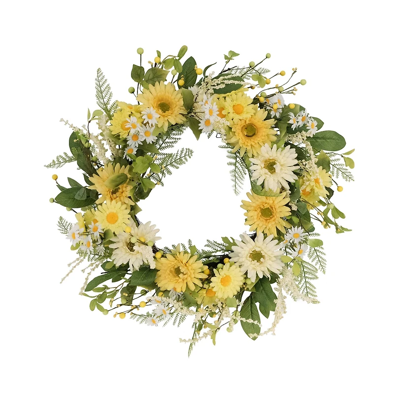 24" White & Yellow Mum & Daisy Floral Spring Wreath