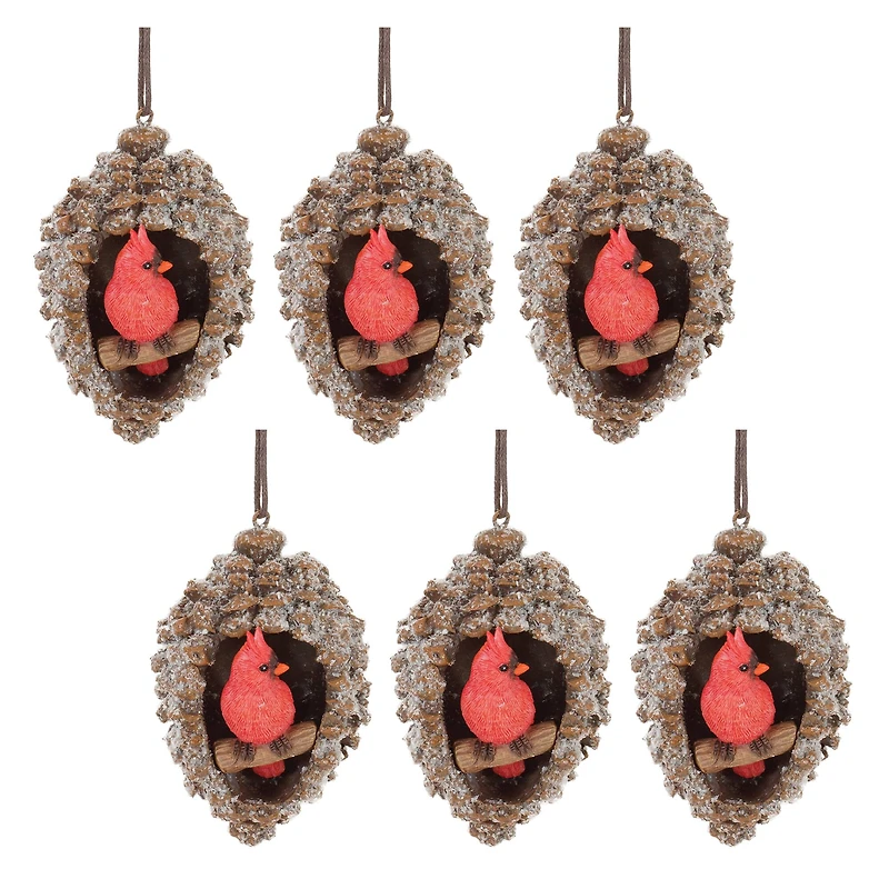 6" Frosted Pinecone Cardinal Ornaments, 6ct.