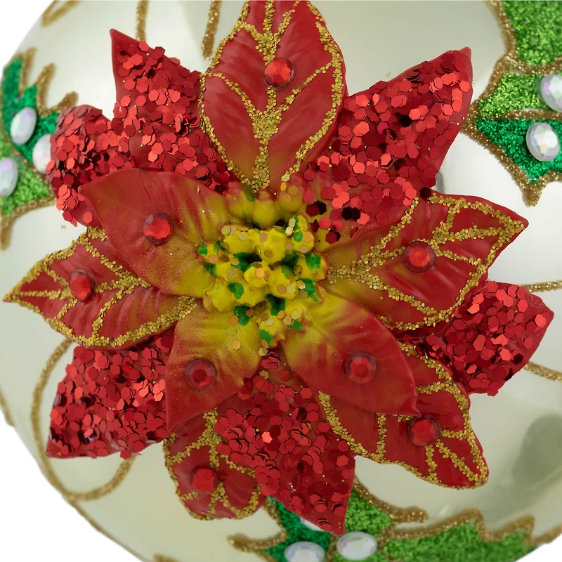 4" Red Glittered 2-D Poinsettia Glass Ball Ornament