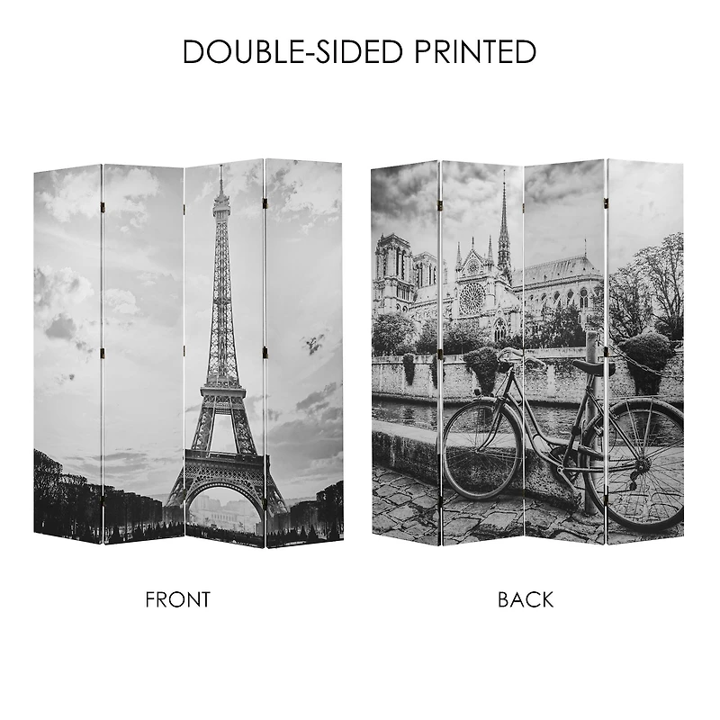 American Art Decor™ 6ft. Double-Sided 4-Panel Black and White Eiffel Tower & Notre Dame Bike Canvas Room Divider