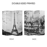 American Art Decor™ 6ft. Double-Sided 4-Panel Black and White Eiffel Tower & Notre Dame Bike Canvas Room Divider
