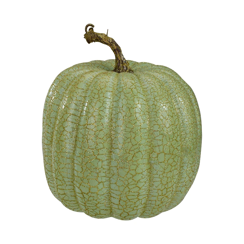 7" Green Glittered Fall Harvest Tabletop Pumpkin Set