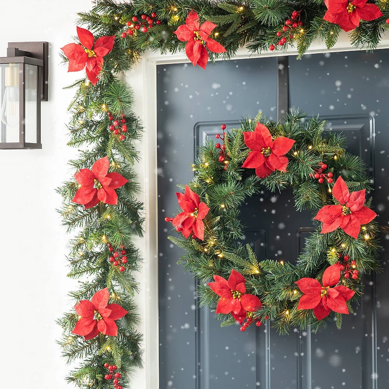 Glitzhome® 9ft. Pre-Lit Greenery Pine Poinsettia and Berries Christmas Garland with LED Lights and Timer