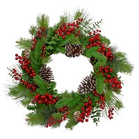 24" Christmas Artificial Holly Berry & Snowy Pinecone Wreath