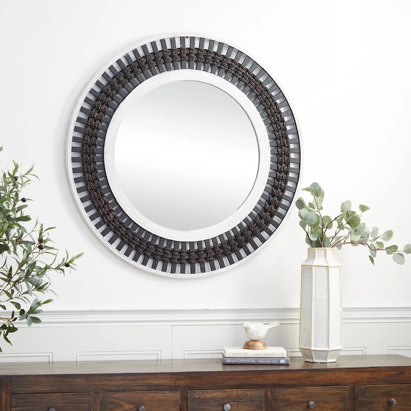 36" Brown Wood Contemporary Round Wall Mirror