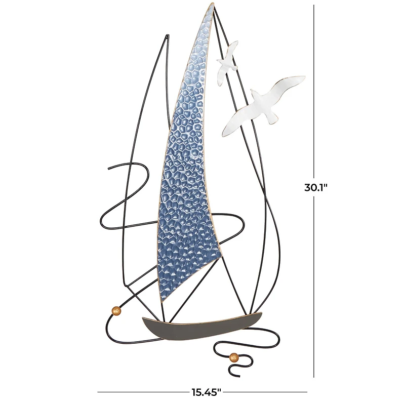 Blue Metal Sailboat Wall Decor with Black Wire Frame and White Bird Accents