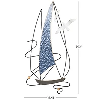 Blue Metal Sailboat Wall Decor with Black Wire Frame and White Bird Accents