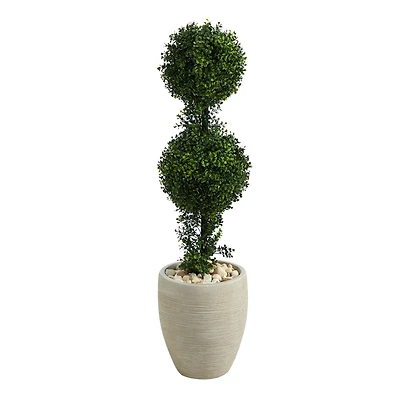 3.5ft. Boxwood Double Ball Topiary Artificial Tree in Sand Colored Planter