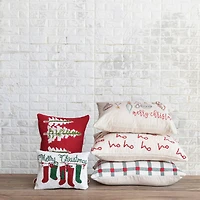 Hello Honey® 20" x 14" Red, Natural & Green Cotton Slub Lumbar Pillow with Embroidered Trees & Pom Pom Trim