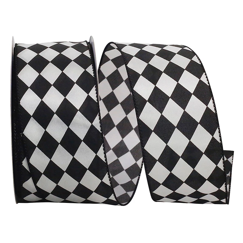 JAM Paper 2.5" x 10yd. Black & White Diamond Dan Wired Ribbon