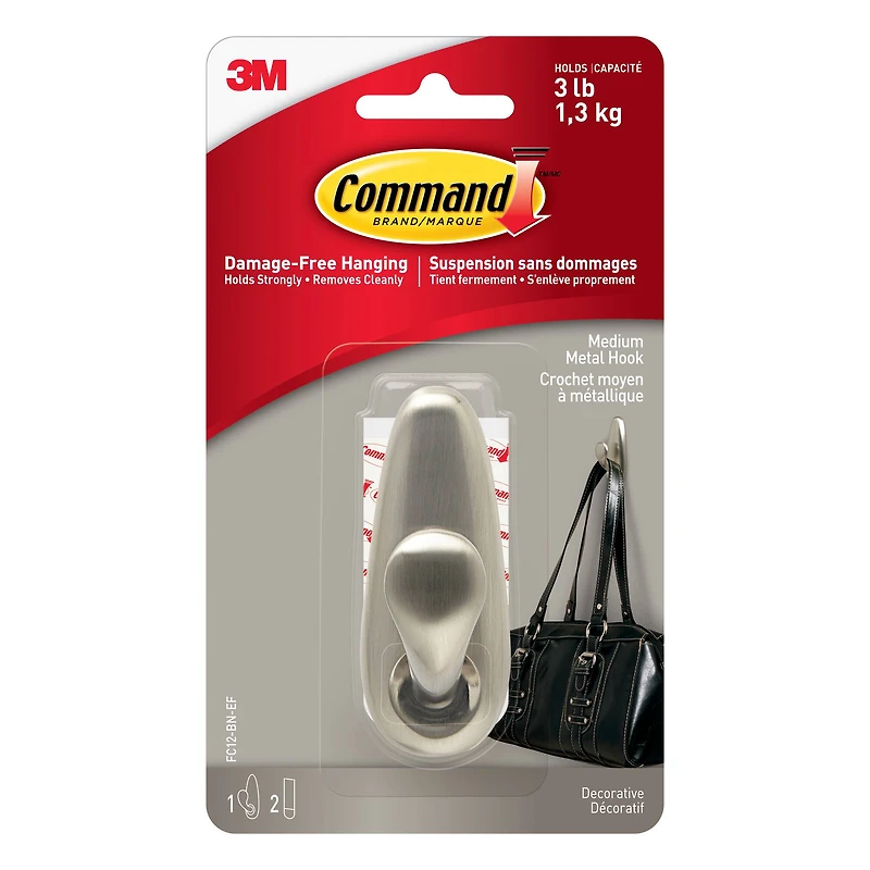 Command™ Large Brushed Nickel Decorative Metal Hook