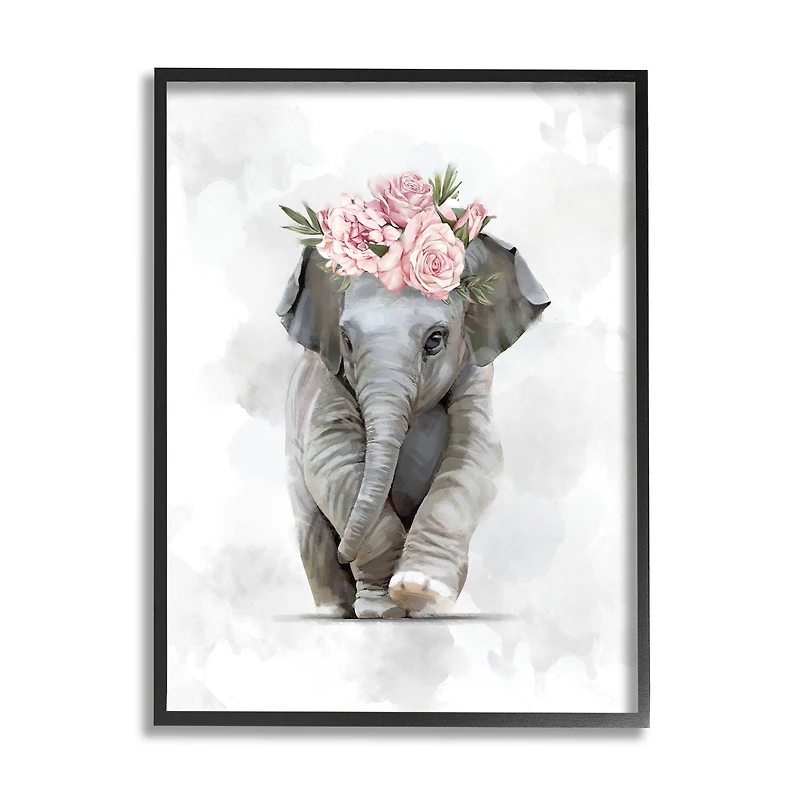 Stupell Industries Adorable Baby Elephant Eye-Catching Pink Flower Crown in Frame Wall Art