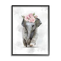Stupell Industries Adorable Baby Elephant Eye-Catching Pink Flower Crown in Frame Wall Art