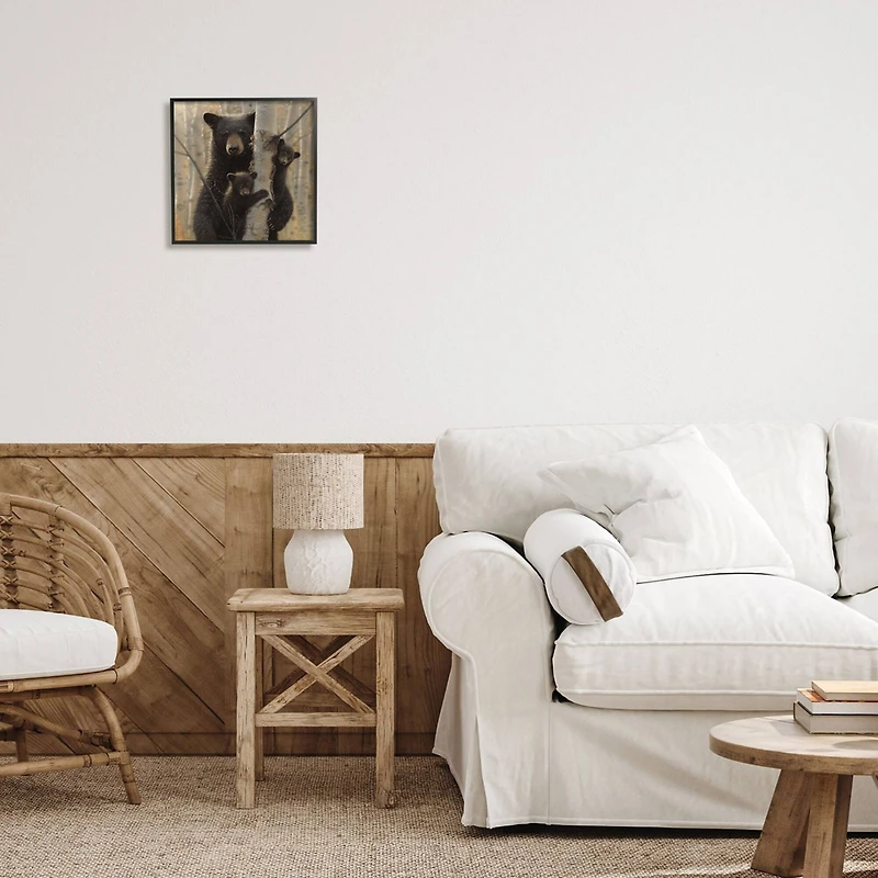 Stupell Industries Black Bear and Cubs Soft Birch Tree Forest Framed Wall Art