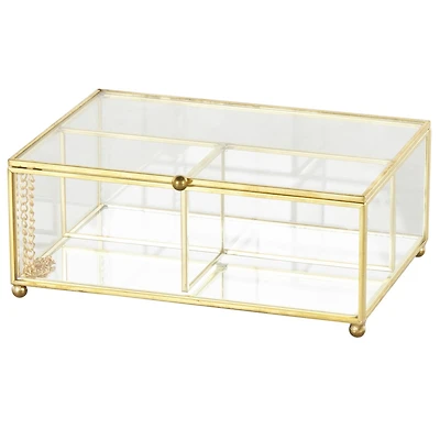 7" x 5" x 3" Clear & Gold 3-Slot Glass & Metal Jewelry Box with Chain Accent