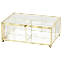 7" x 5" x 3" Clear & Gold 3-Slot Glass & Metal Jewelry Box with Chain Accent