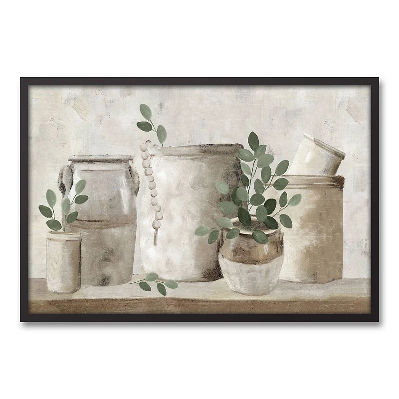 Neutral Greenery Pots Black Framed Canvas