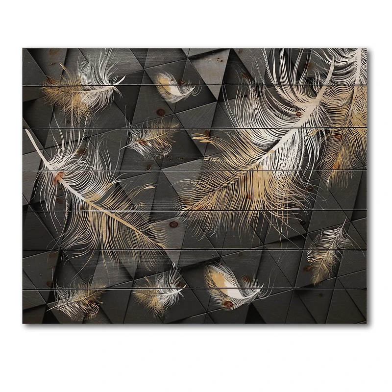 Designart - White and Gold Feathers On Triangular