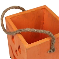 6" Orange Wood Jack-O-Lantern Halloween Candle Lantern